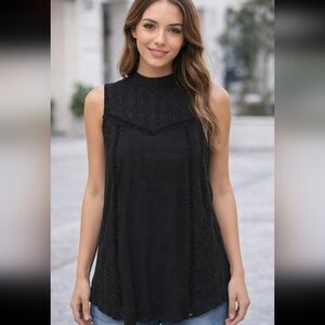 #485 Doe & Rae Black Lace & Linen- Like Sleeveless Blouse sz. S